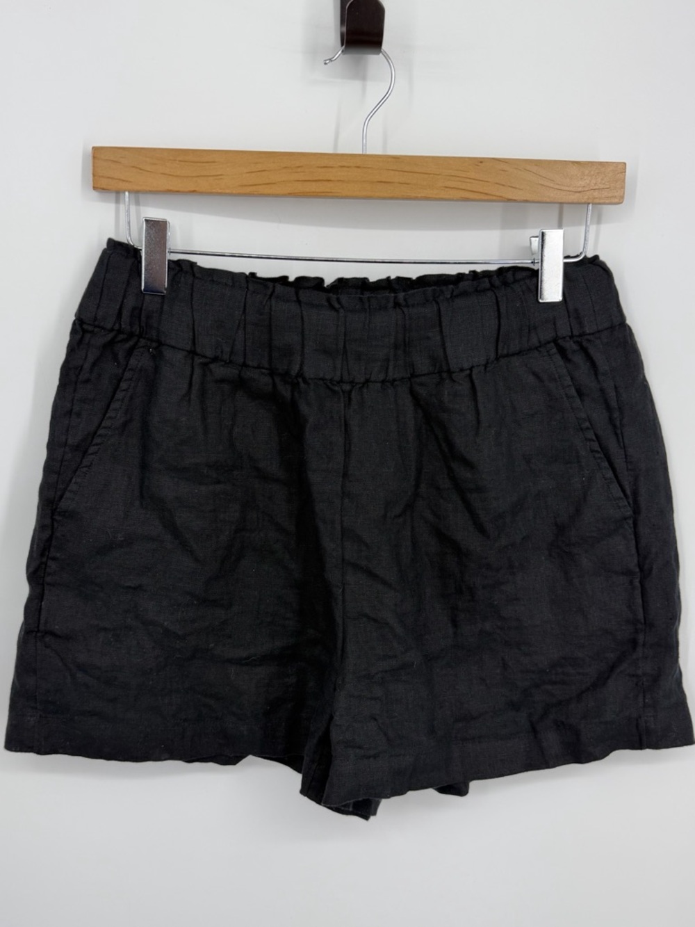 J CREW‎ sz XS Pull-On Black Linen Shorts BH823 Elastic Waist Pockets Preppy